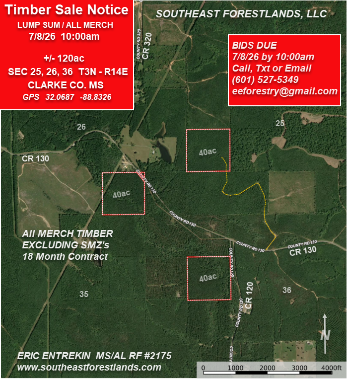 Aerial sale map of the ±120-acre Clarke County, MS timber sale in Sections 25, 26, and 36, T3N-R14E near CR 130 and CR 120