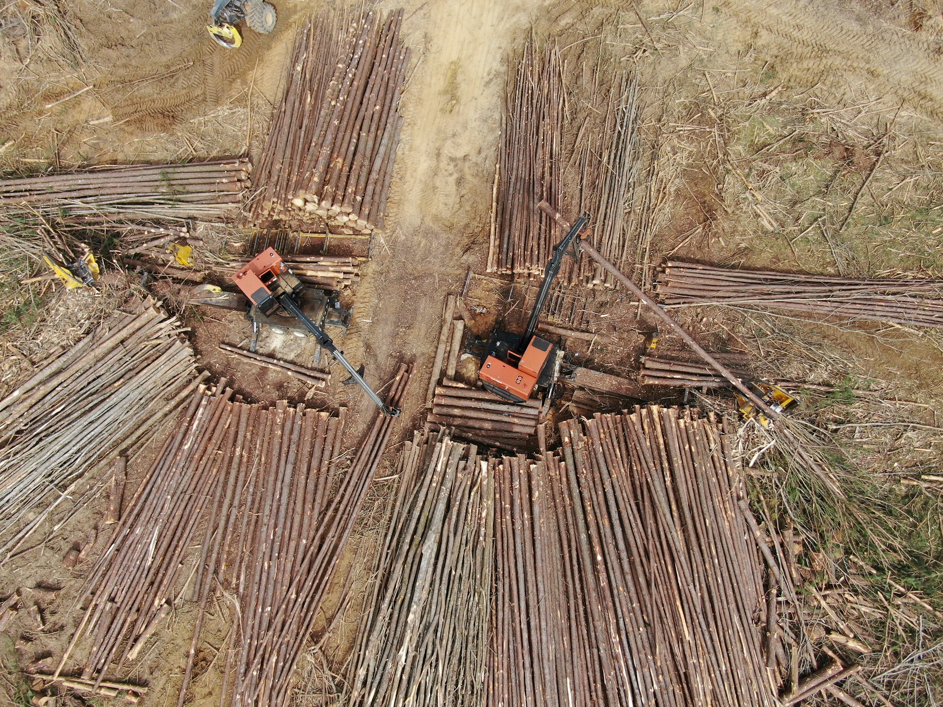 Aerial view of a timber loading deck with two knuckleboom loaders and decked pine in Chickasaw County, Mississippi