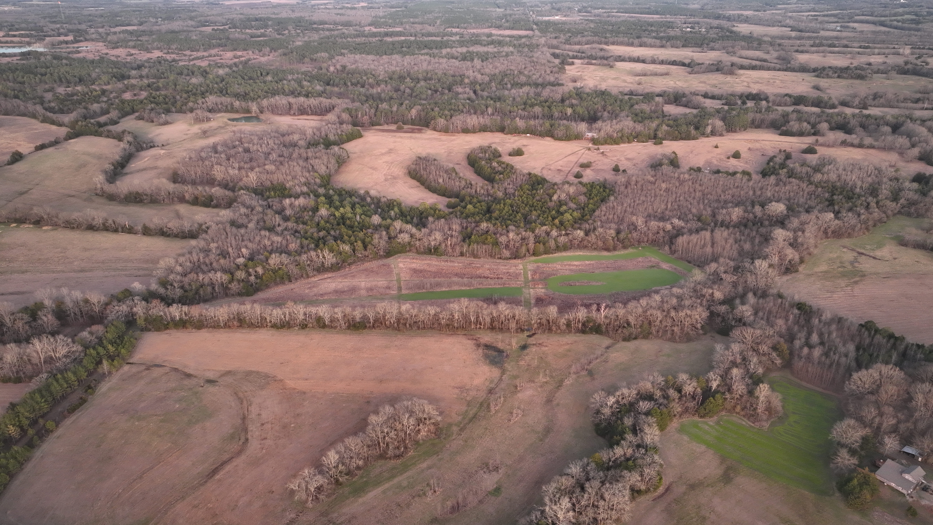 Sunset aerial of rolling fields, hardwood draws, and food plots in Oktibbeha County, Mississippi